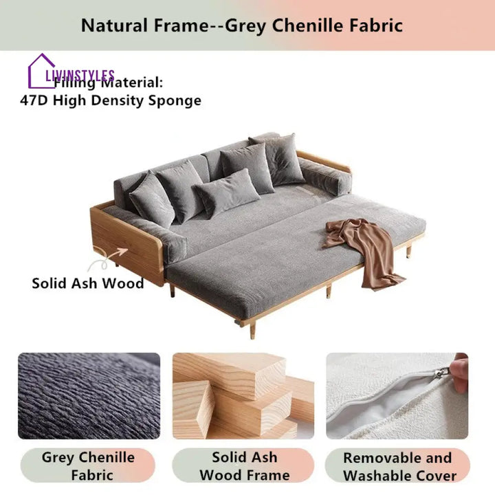 Japandi Solid Wood Frame Sofa Bed 2.07M-81.5INCH / Natural Frame-Grey Chenille Fabric SOFA BED