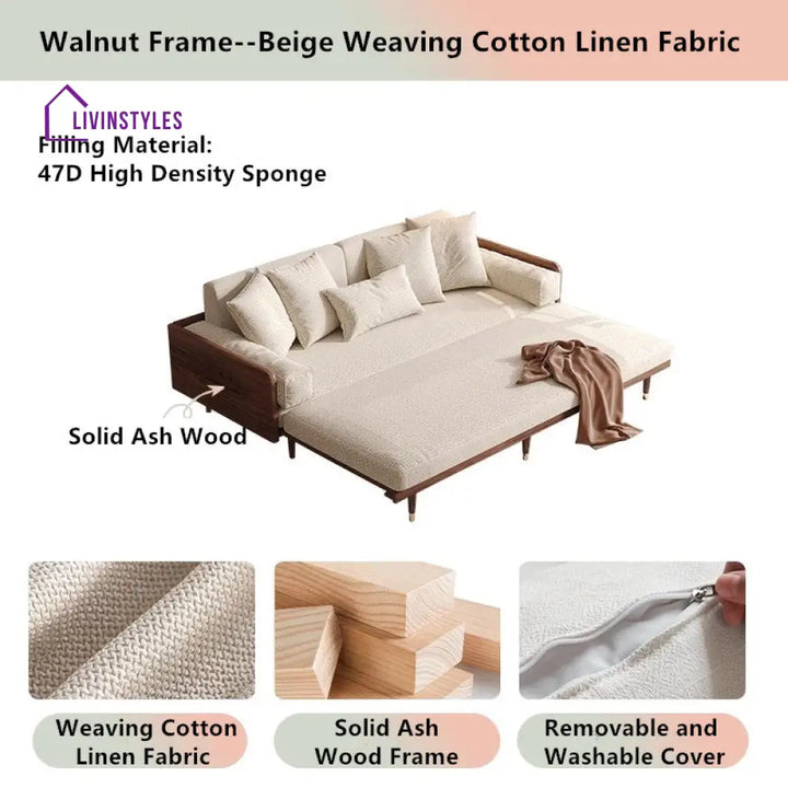 Japandi Solid Wood Frame Sofa Bed 2.07M-81.5INCH / Walnut Frame-Beige Weaving Cotton Linen Fabric SOFA BED