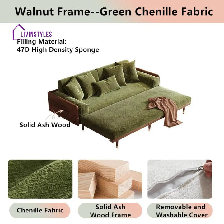 Japandi Solid Wood Frame Sofa Bed 2.07M-81.5INCH / Walnut Frame -Green Chenille Fabric SOFA BED
