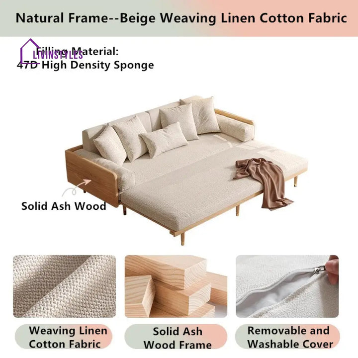 Japandi Solid Wood Frame Sofa Bed 2.07M-81.5INCH / Natural Frame-Beige Weaving Cotton Linen Fabric SOFA BED