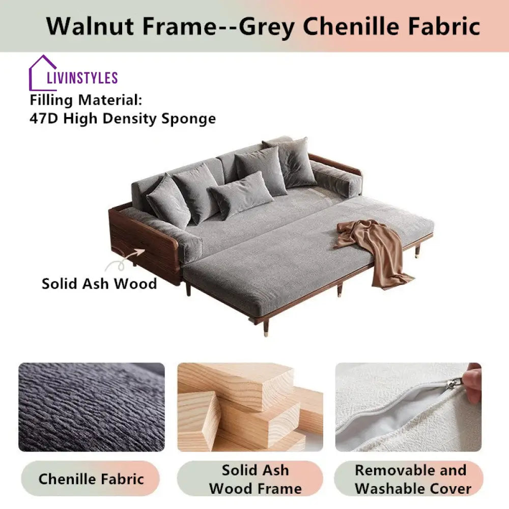 Japandi Solid Wood Frame Sofa Bed 2.07M-81.5INCH / Walnut Frame-Grey Chenille Fabric SOFA BED