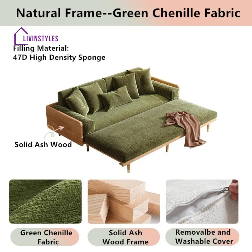 Japandi Solid Wood Frame Sofa Bed 2.07M-81.5INCH / Natural Frae-Green Chenille Fabric SOFA BED