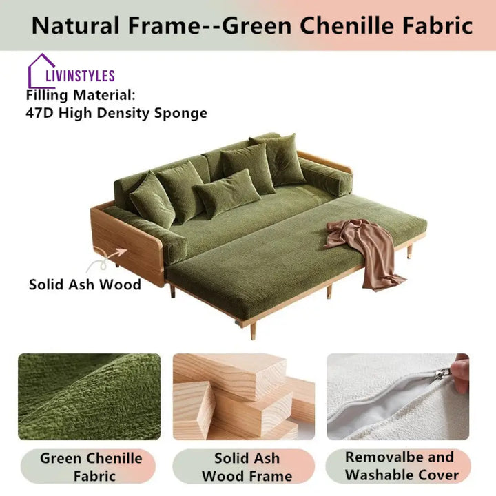 Japandi Solid Wood Frame Sofa Bed 2.07M-81.5INCH / Natural Frae-Green Chenille Fabric SOFA BED