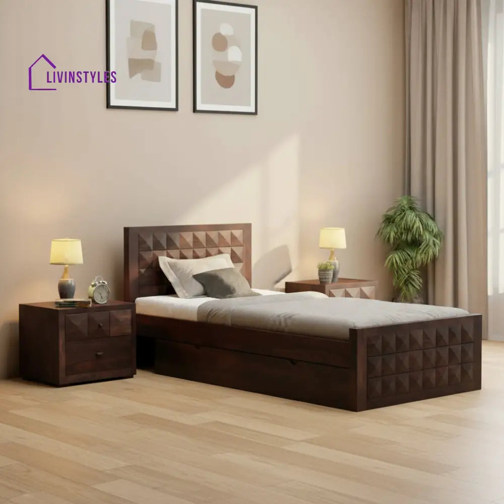 Damiana Solid Sheesham Wood Single Bed With One Drawer (Walnut Finish) Bed