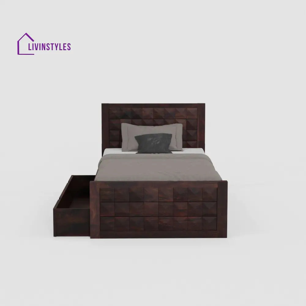Damiana Solid Sheesham Wood Single Bed With One Drawer (Walnut Finish) Bed