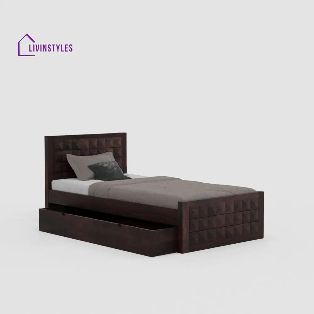 Damiana Solid Sheesham Wood Single Bed With One Drawer (Walnut Finish) Bed