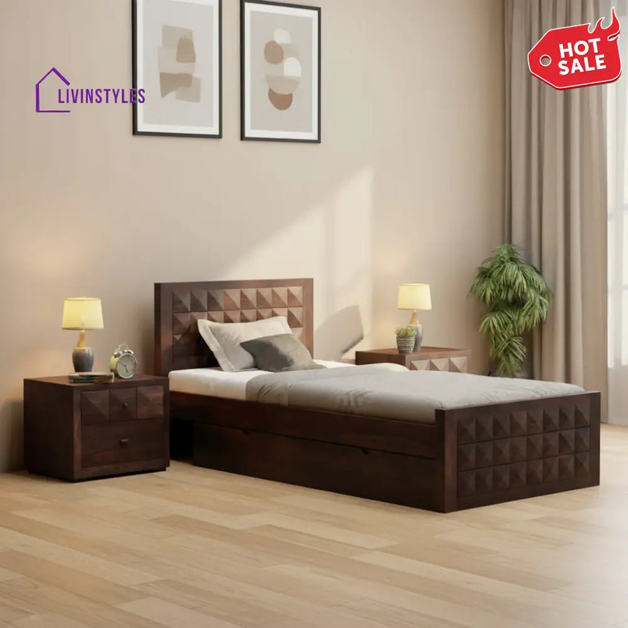 Damiana Solid Sheesham Wood Single Bed With One Drawer (Walnut Finish) Bed