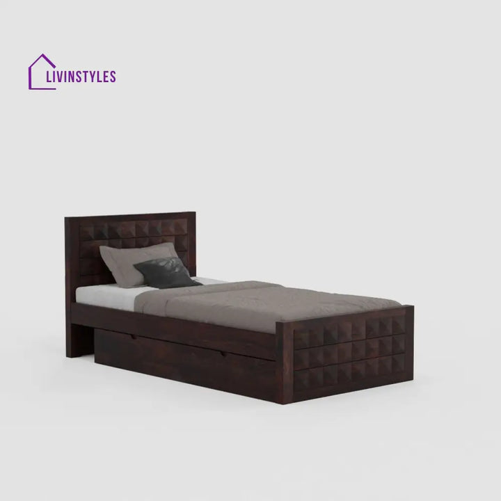 Damiana Solid Sheesham Wood Single Bed With One Drawer (Walnut Finish) Bed