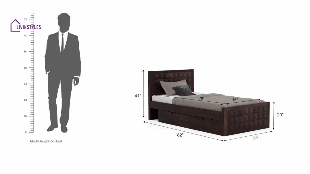 Damiana Solid Sheesham Wood Single Bed With One Drawer (Walnut Finish) Bed