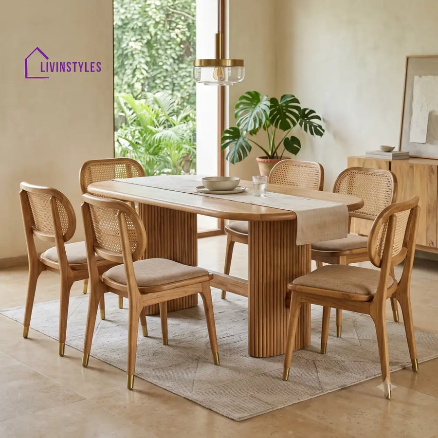 Damien Premium Mango Wood 6 Seater Dining Table Set | Natural Finish