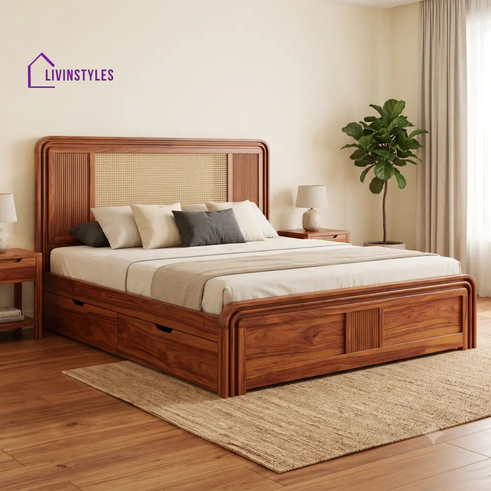 Damien Premium Wooden Bed with Drawer Storage | King Size Bed & Queen Size Bed Online