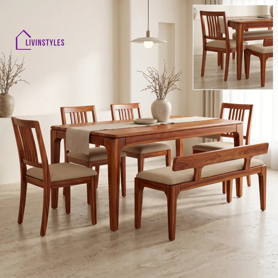 Damilola Wooden 6 Seater Dining Table Set | 4 Chairs and 1 Bench | Table 72 X 36 X 30 Inch