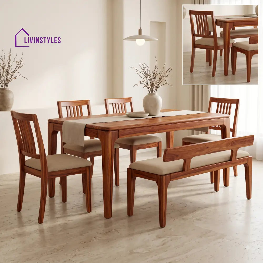 Damilola Wooden 6 Seater Dining Table Set | 4 Chairs and 1 Bench | Table 72 X 36 X 30 Inch