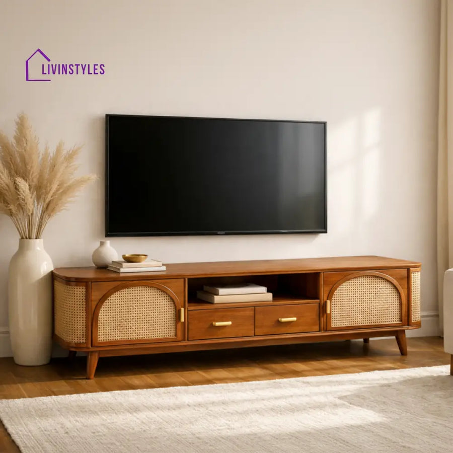 Dang Premium Solid Wood TV Unit with Cane Panel Cabinet