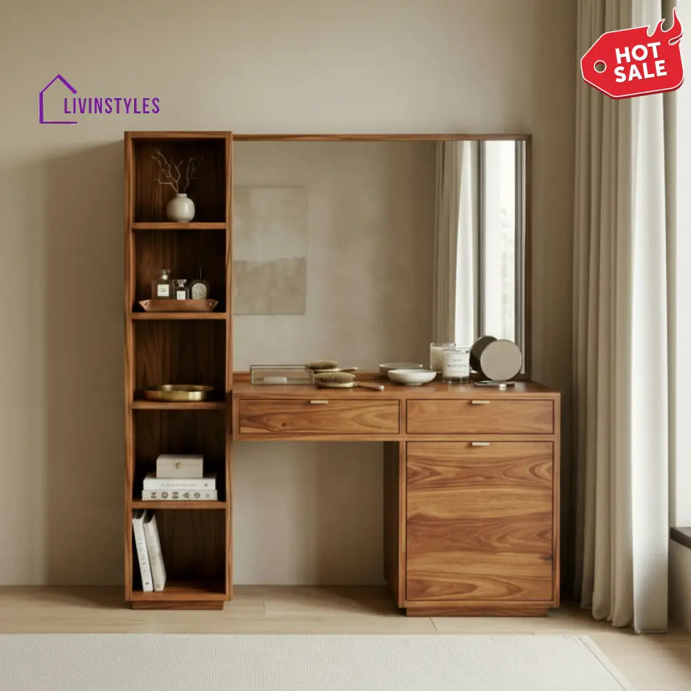 Daniel Sheesham Wood Dressing Table with Mirror and Storage (Honey Finish)