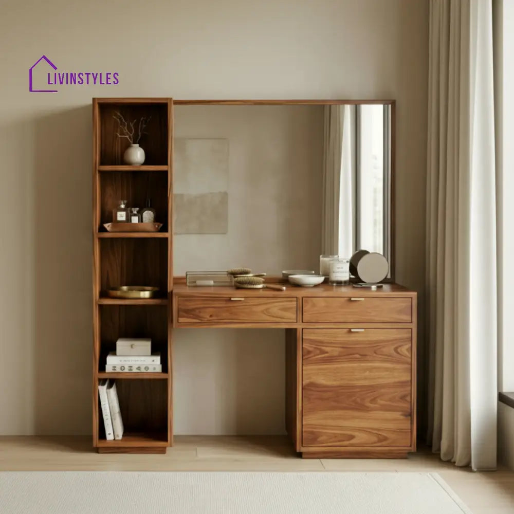 Daniel Sheesham Wood Dressing Table with Mirror and Storage (Honey Finish)