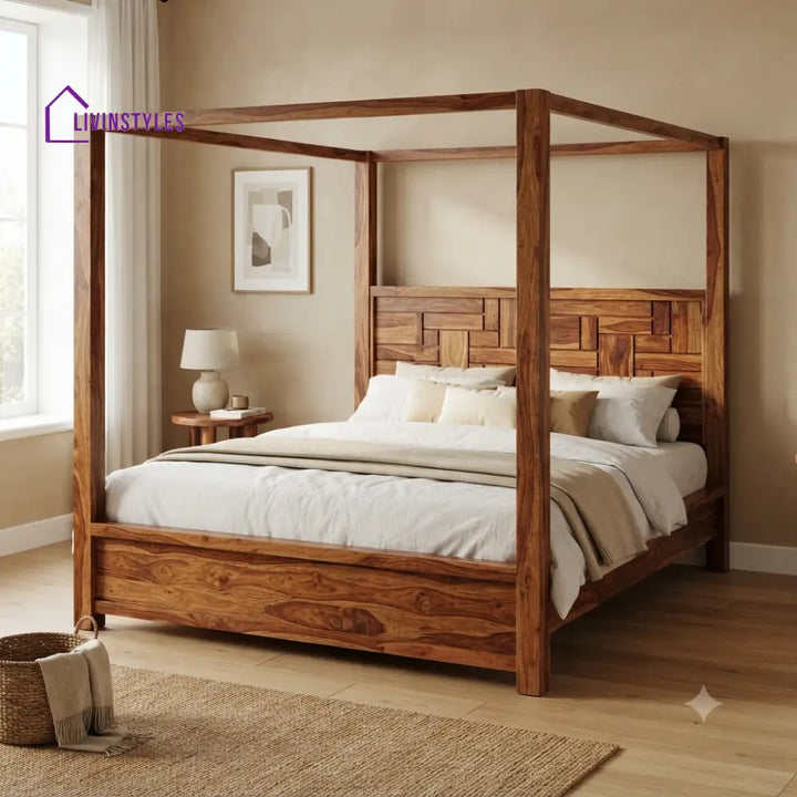 Daniel Solid Sheesham Wood Poster Bed Without Storage (King Size Honey Finish)