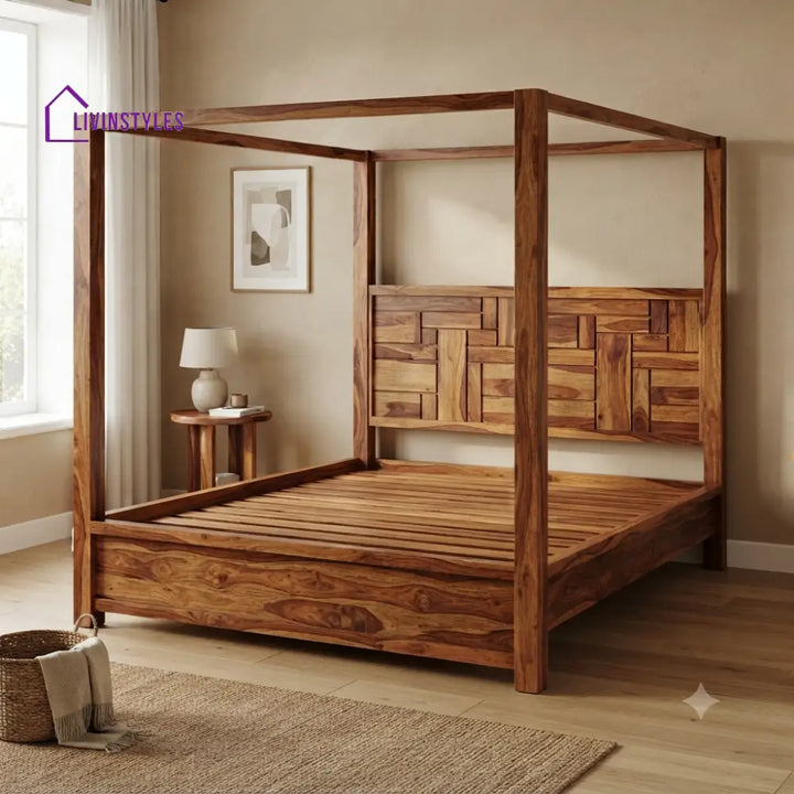 Daniel Solid Sheesham Wood Poster Bed Without Storage (King Size Honey Finish)