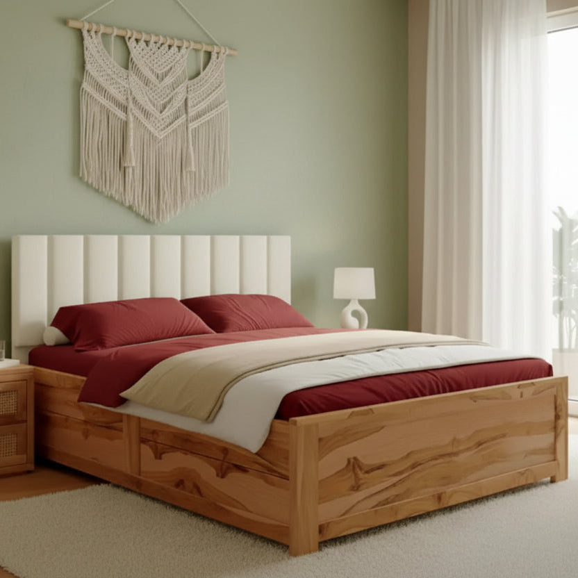 Dao Real Teak Wood Hydraulic Bed King Size Light Beige