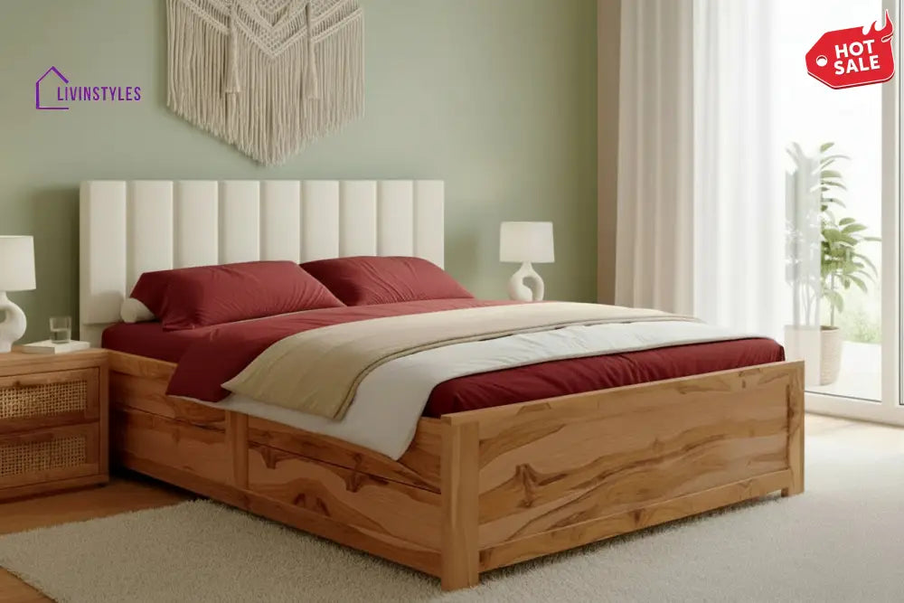 Dao Real Teak Wood Hydraulic Bed King Size Light Beige
