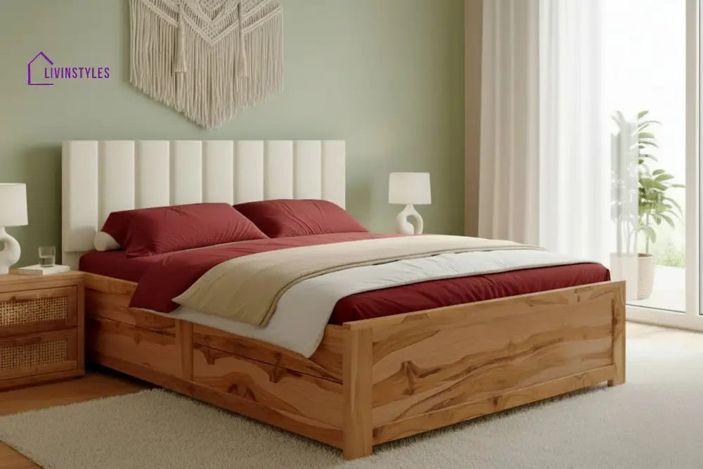 Dao Real Teak Wood Hydraulic Bed King Size Light Beige