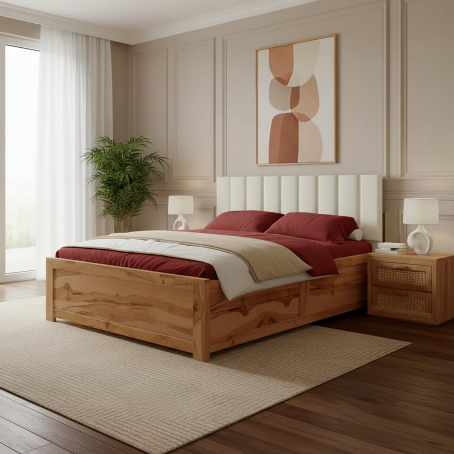 Dao Real Teak Wood Hydraulic Bed King Size Light Beige