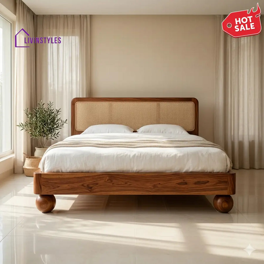 Daria Sheesham Wood Bed with Ball Shaped Legs and Cane Weaving Headboard