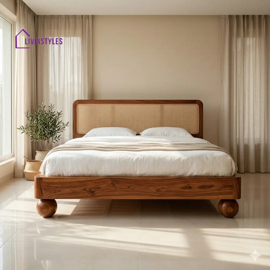 Daria Sheesham Wood Bed with Ball Shaped Legs and Cane Weaving Headboard