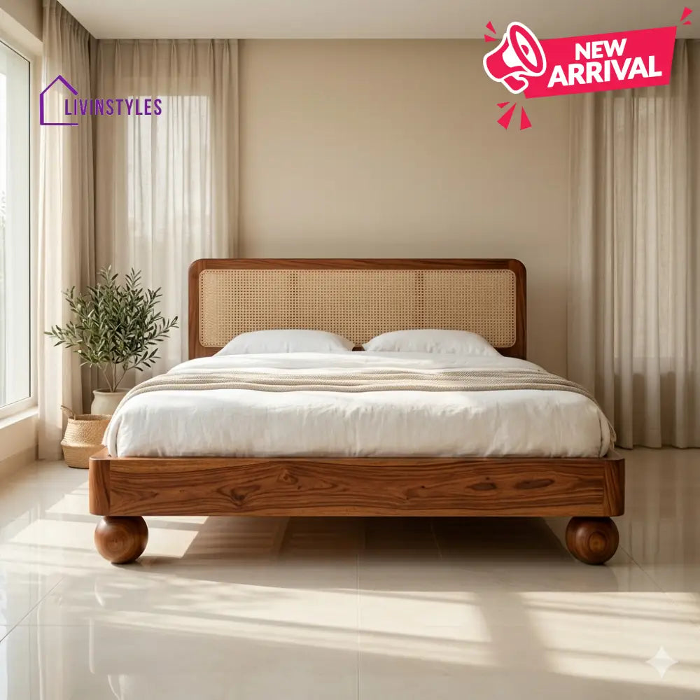 Daria Sheesham Wood Bed with Ball Shaped Legs and Cane Weaving Headboard