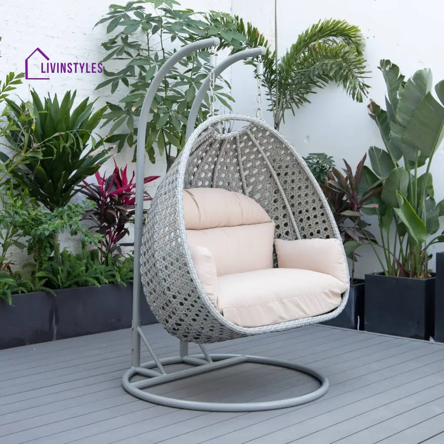 Dario Double Seater Hanging Swing With Stand For Balcony Garden Swing (Silver) - Beige - Swings