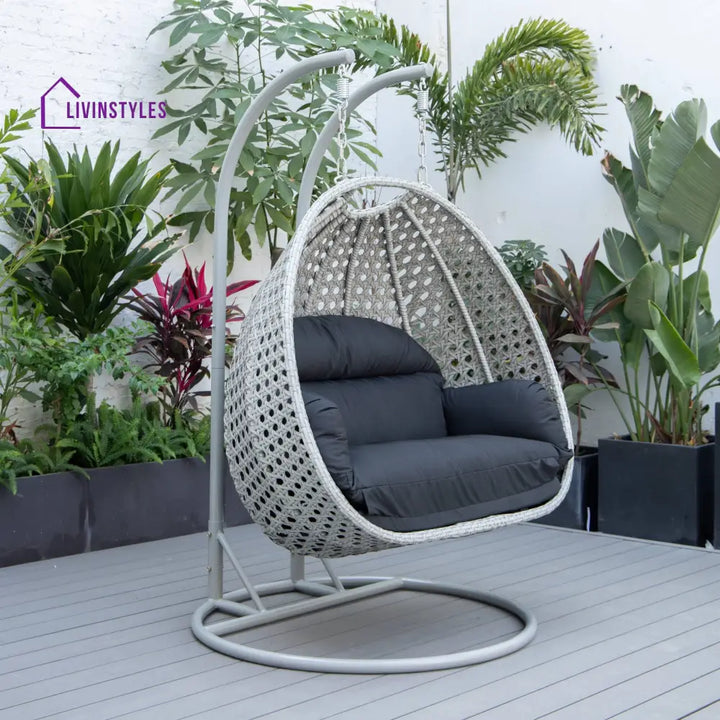Dario Double Seater Hanging Swing With Stand For Balcony Garden Swing (Silver) - Black - Swings