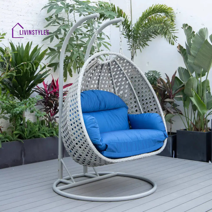 Dario Double Seater Hanging Swing With Stand For Balcony Garden Swing (Silver) - Blue - Swings