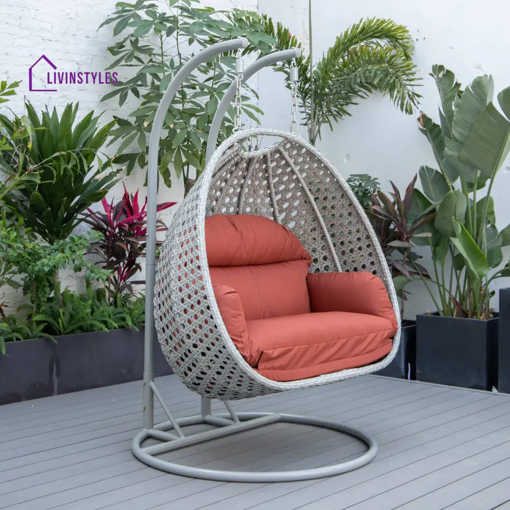 Dario Double Seater Hanging Swing With Stand For Balcony Garden Swing (Silver) - Dark Orange - Swings