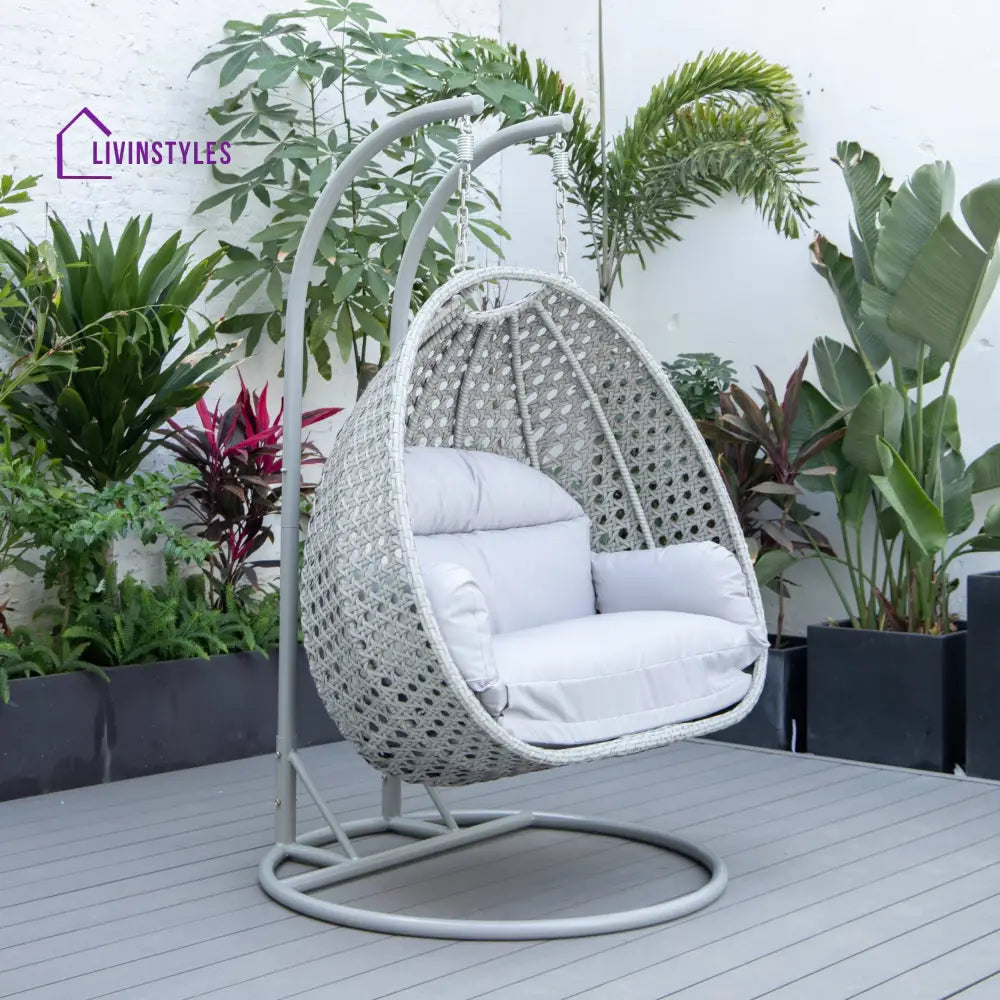 Dario Double Seater Hanging Swing With Stand For Balcony Garden Swing (Silver) - Light Grey - Swings