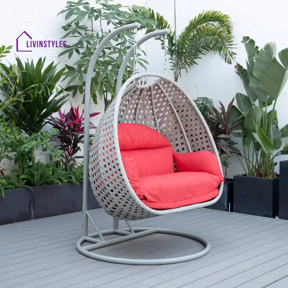 Dario Double Seater Hanging Swing With Stand For Balcony Garden Swing (Silver) - Red - Swings