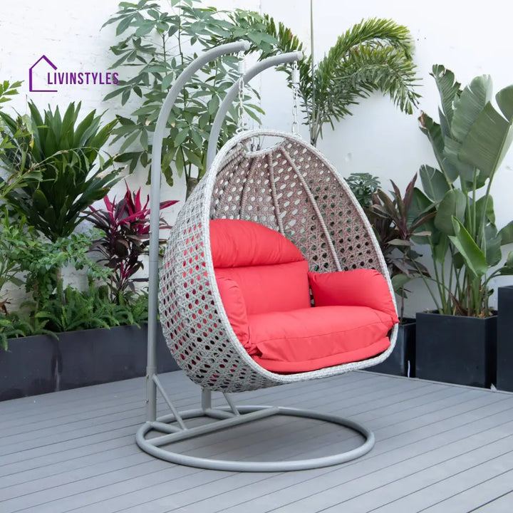 Dario Double Seater Hanging Swing With Stand For Balcony Garden Swing (Silver) - Red - Swings