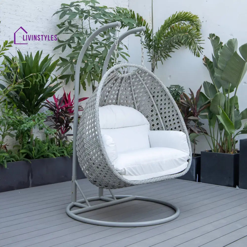 Dario Double Seater Hanging Swing With Stand For Balcony Garden Swing (Silver) - White - Swings