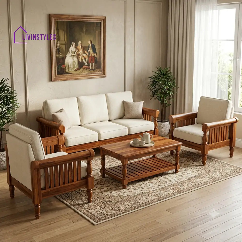Darshini Wooden Sofa Set | 3 + 1 + 1 Sheesham Wood Sofa Set for Living Room