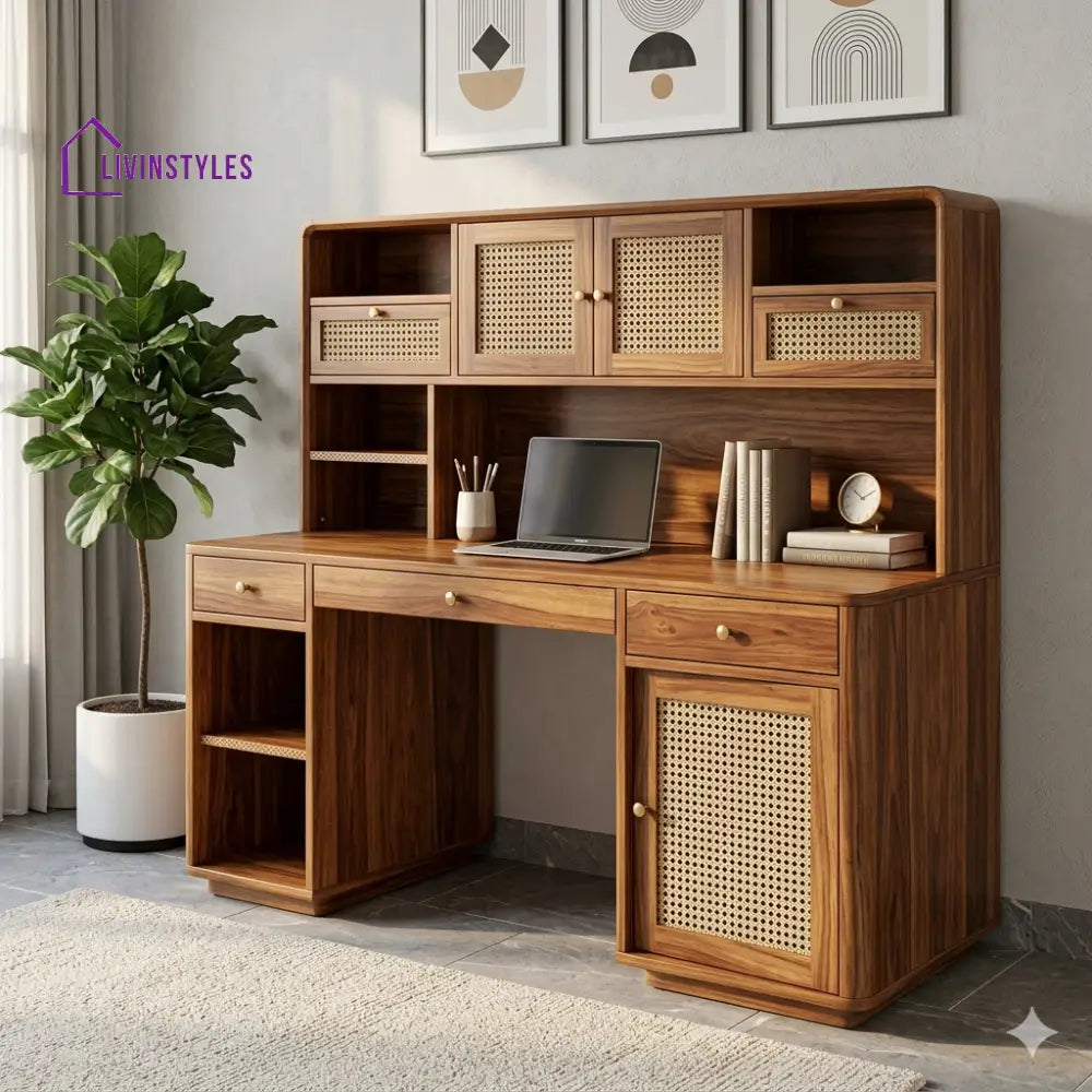David Premium Handcrafted Sheesham Wood Study Table with Cane Detailing & Hutch – Honey Walnut Finish