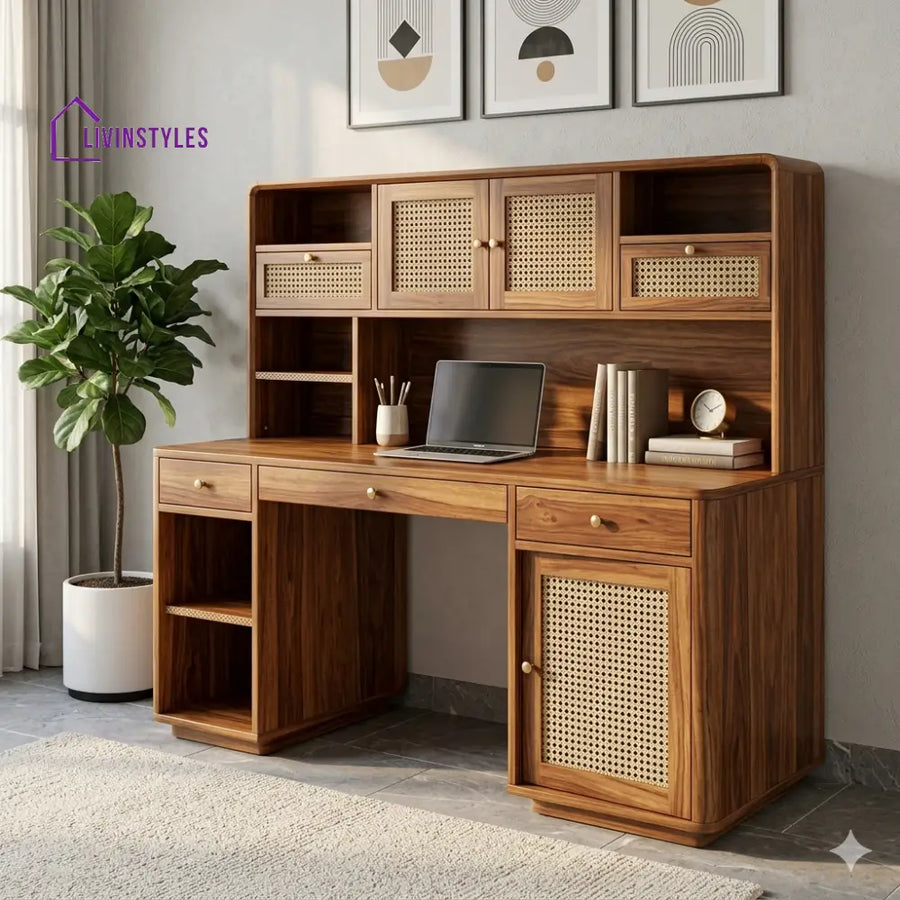 David Premium Handcrafted Sheesham Wood Study Table with Cane Detailing & Hutch – Honey Walnut Finish