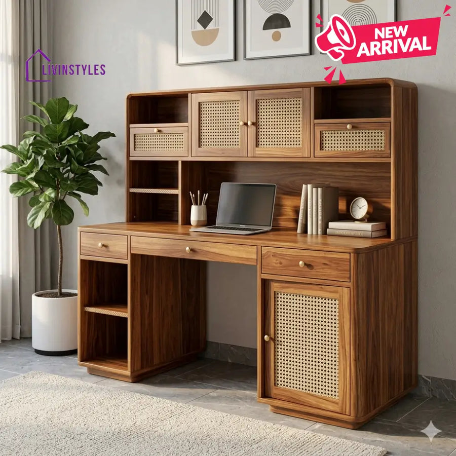 David Premium Handcrafted Sheesham Wood Study Table with Cane Detailing & Hutch – Honey Walnut Finish