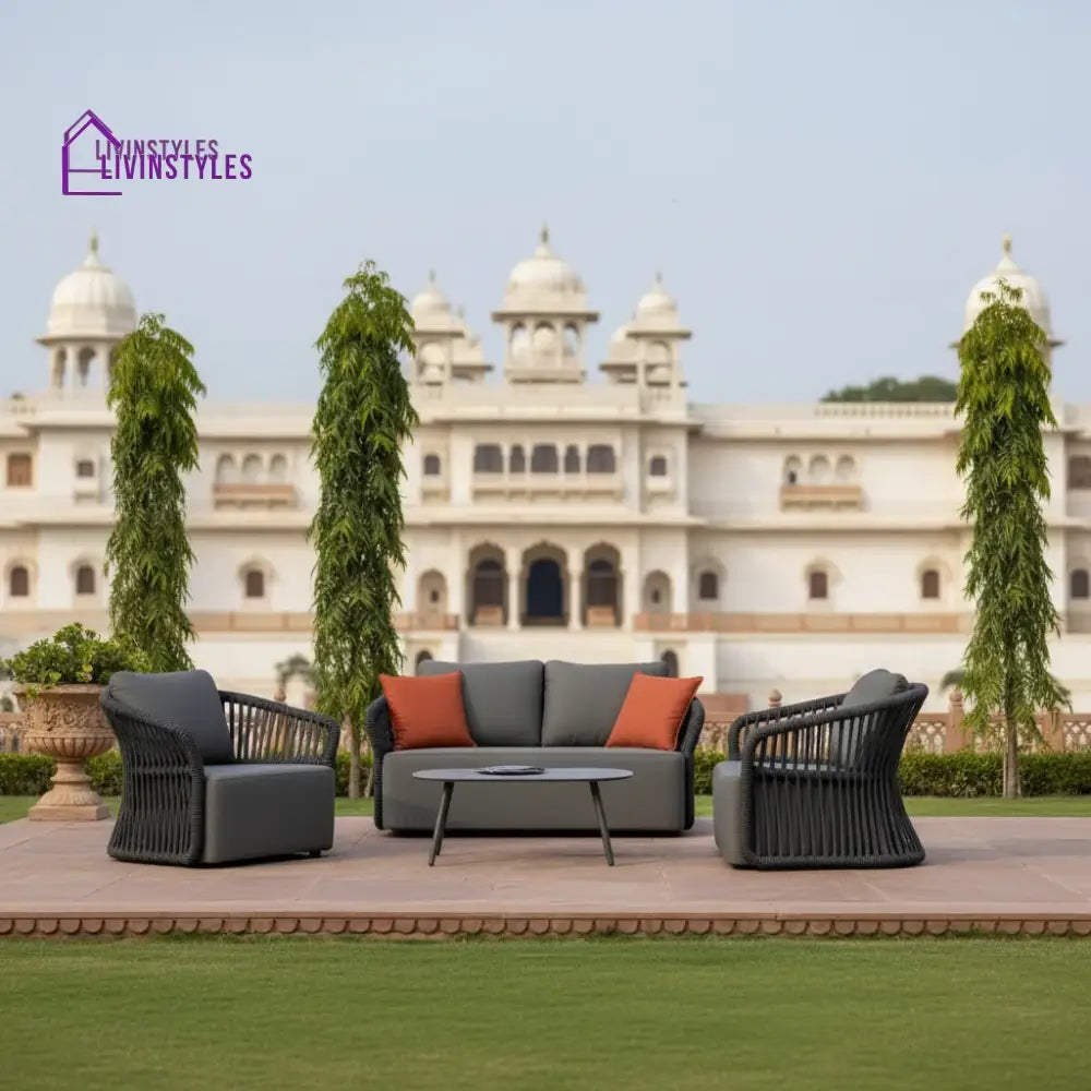 Dayo Outdoor Garden Balcony Sofa Set 2 Seater 2 Single Seater 1 Center Table Set Braid & Rope (Dark Grey) - Sofa Sets