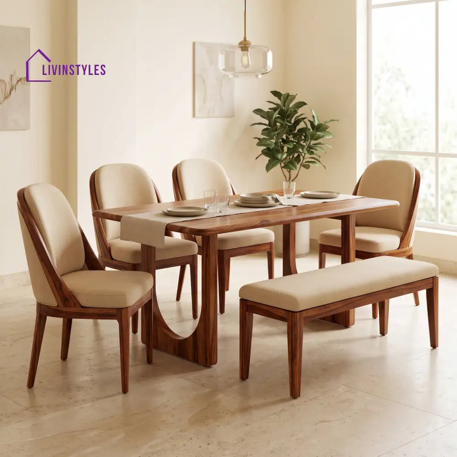 Dayo Wooden 6 Seater Dining Table Set | 4 Chairs and 1 Bench | Table 72 X 36 X 30 Inch