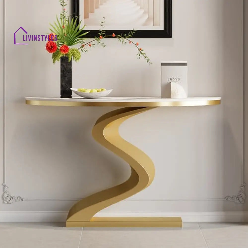 Debashish Gold Curved Console Table With Marble Stone