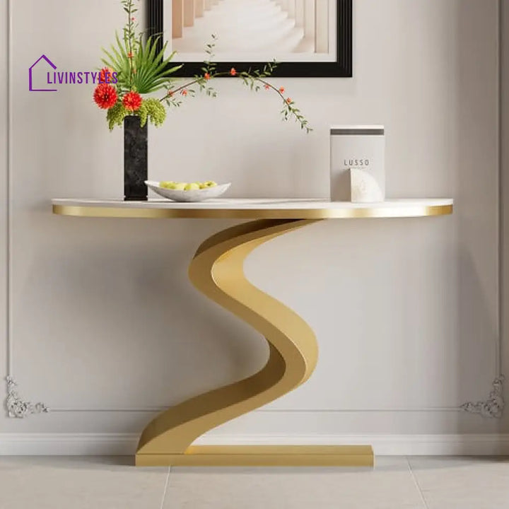 Debashish Gold Curved Console Table With Marble Stone