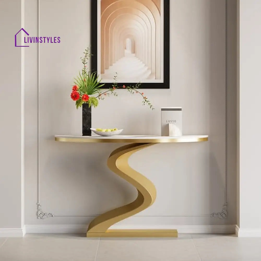 Debashish Gold Curved Console Table With Marble Stone