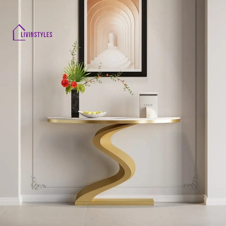 Debashish Gold Curved Console Table With Marble Stone