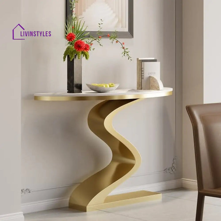 Debashish Gold Curved Console Table With Marble Stone