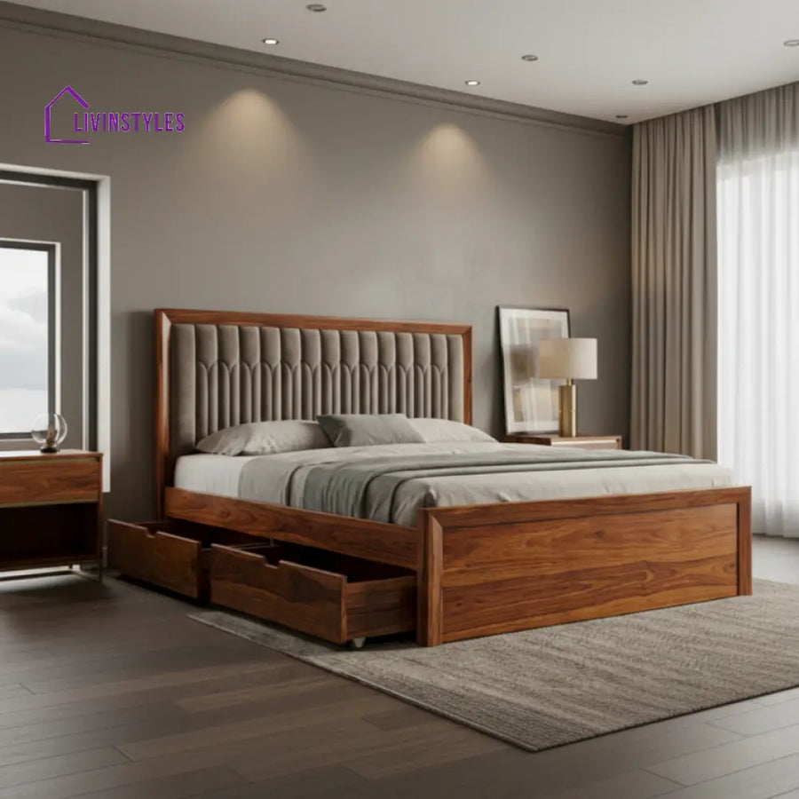 Declan Premium Sheesham Wood Bed with Fabric Headboard