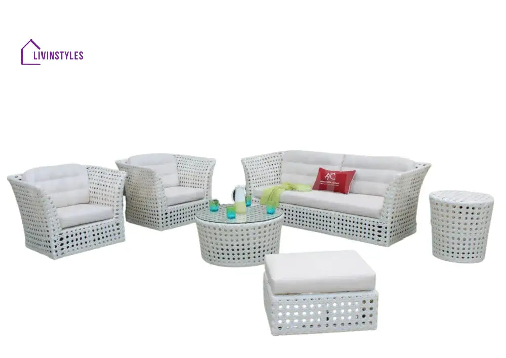Deepa 6 Piece Rattan & Wicker Sofa Outdoor Furniture Conversation Set (White)